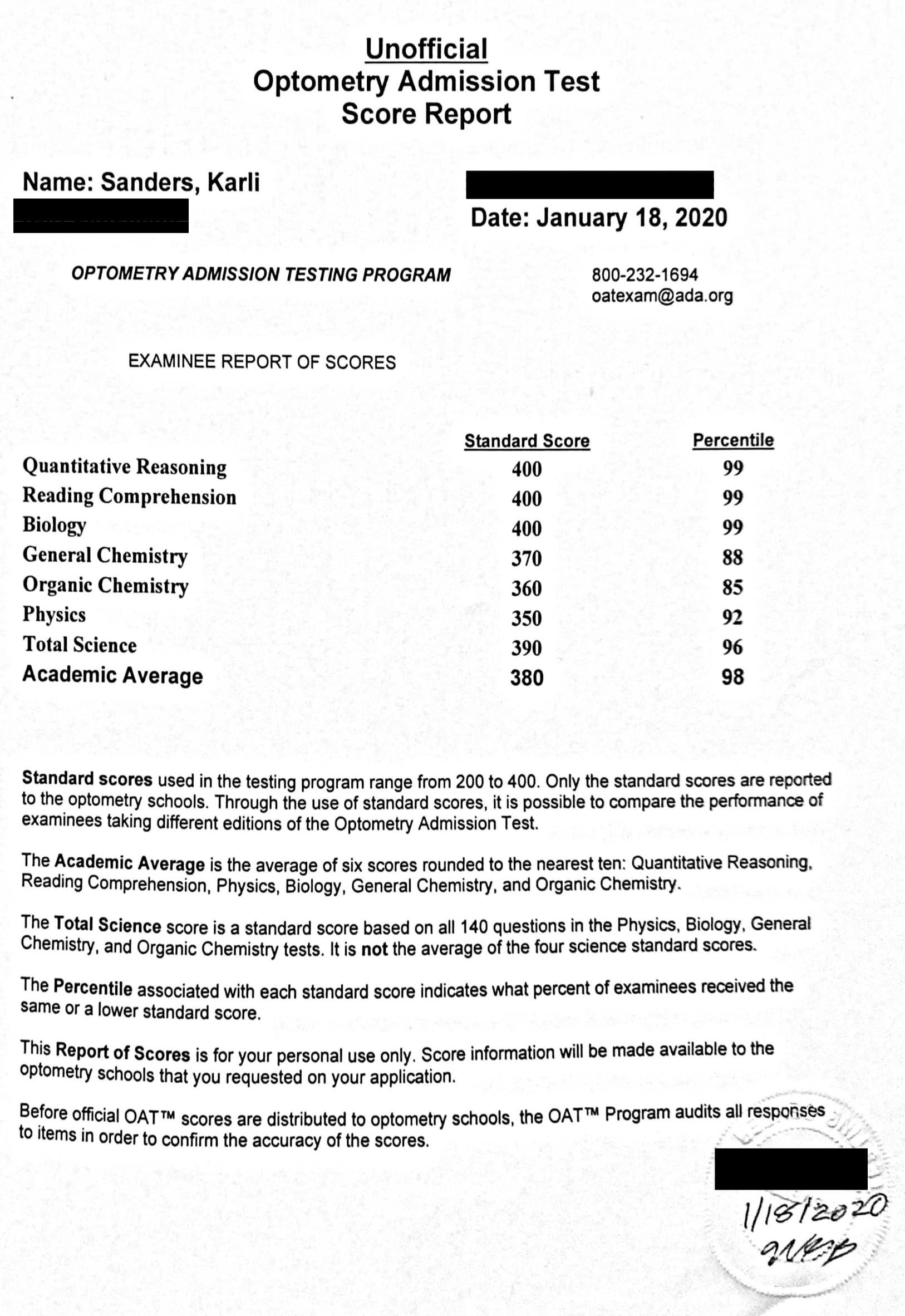 Karli Sanders NBEO Part 1 Score Report